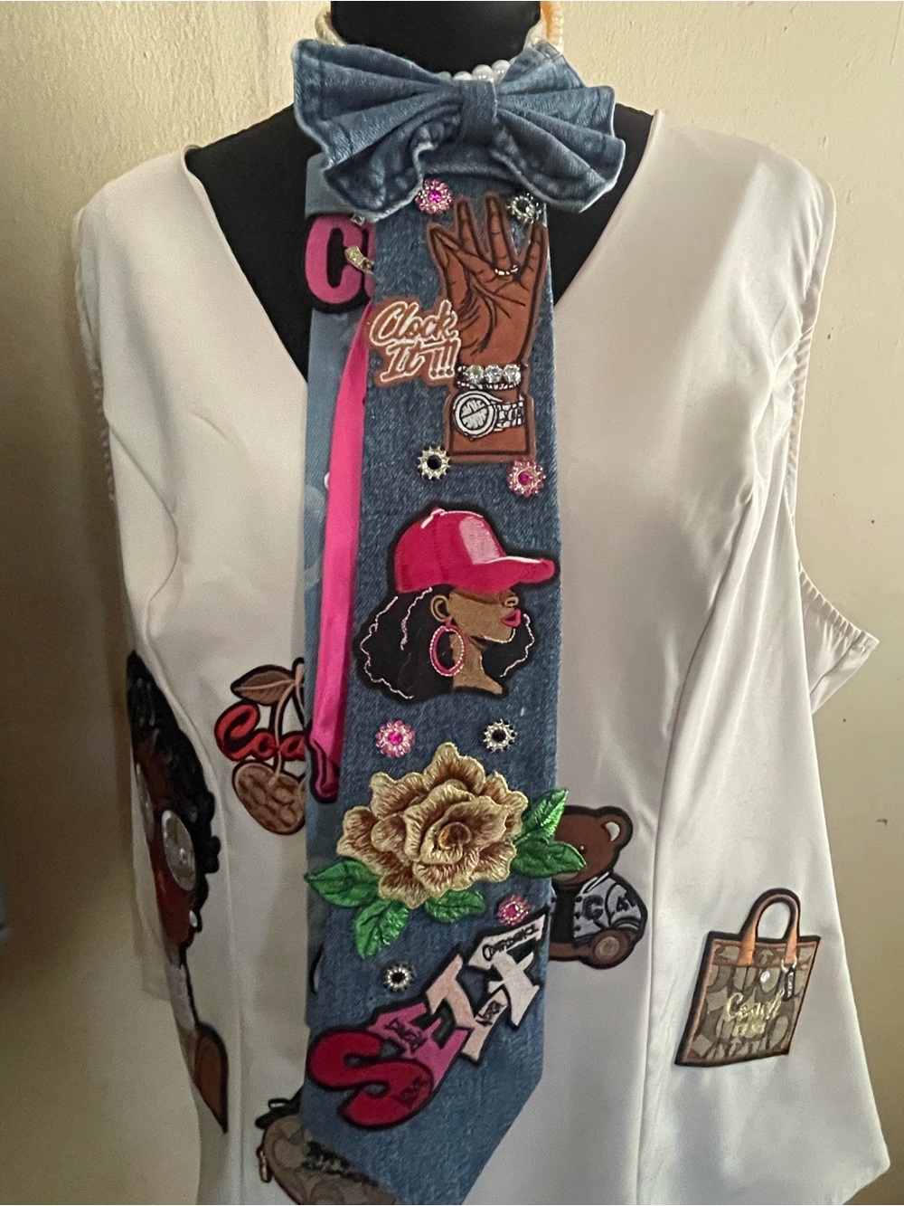 Embellished Denim Bow Tie Scarf with Pink Accents